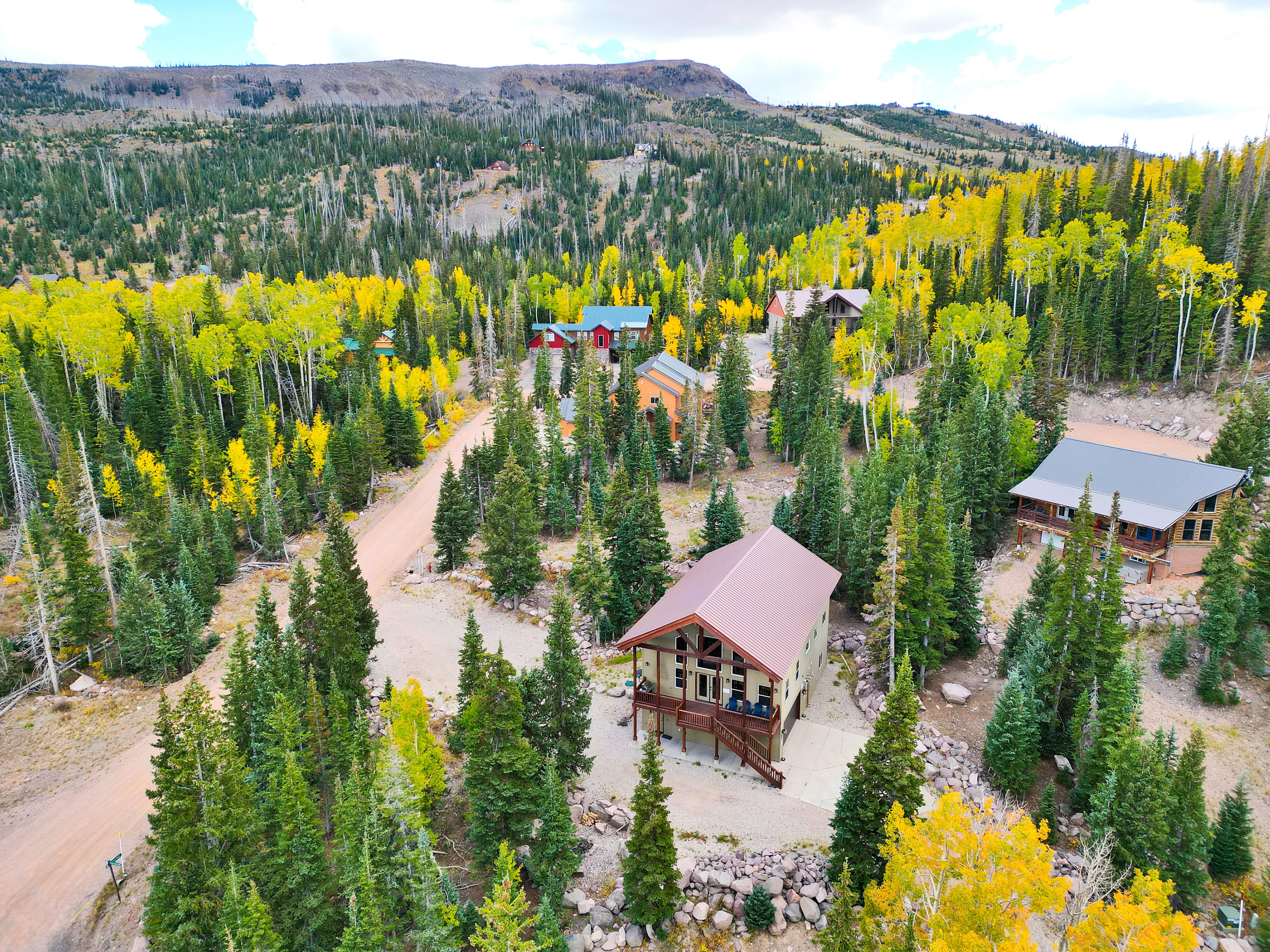Aerial view of Aspen Lodge surrounded by golden aspens