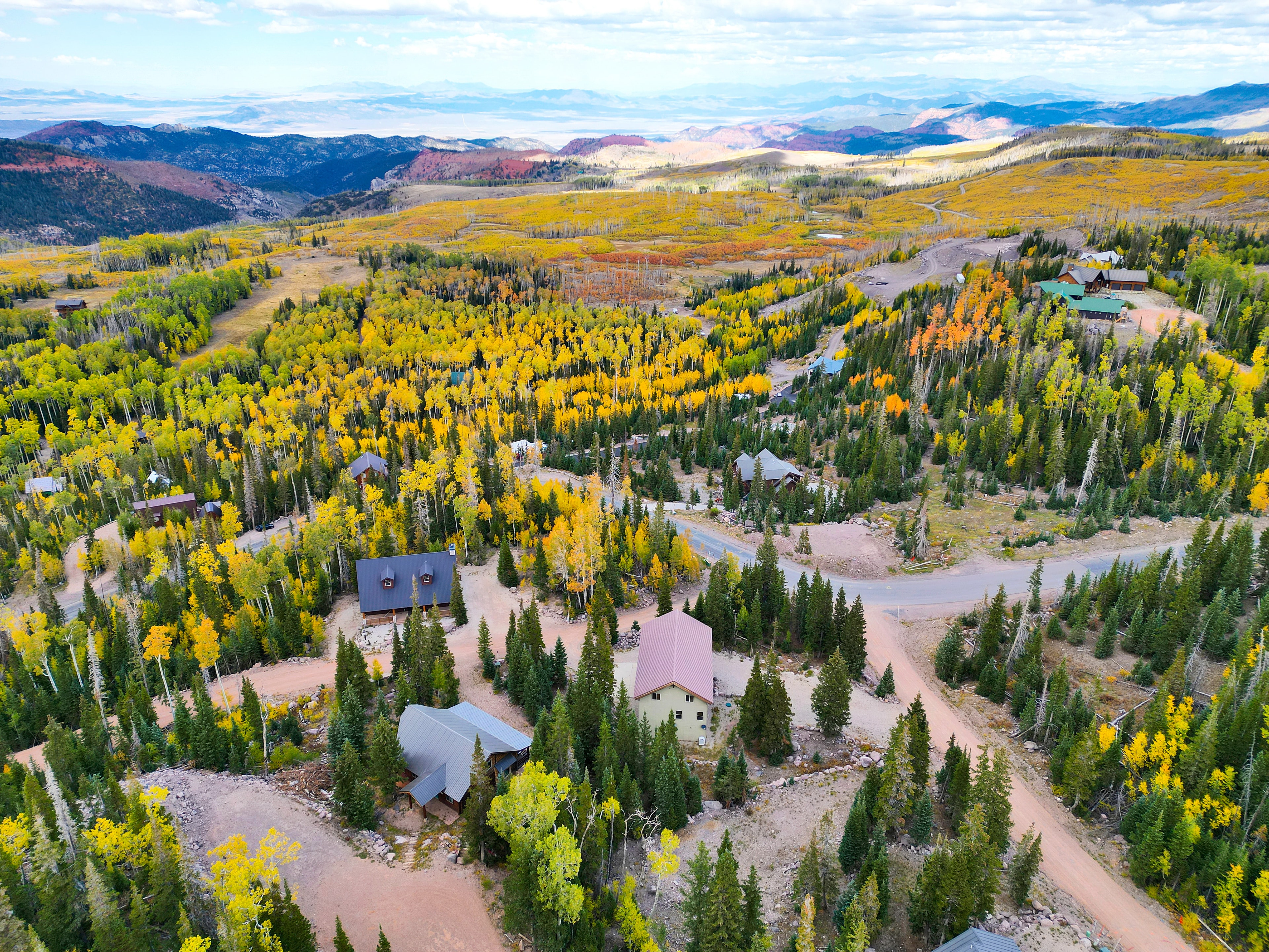 Aerial view of mountain valley in autumn