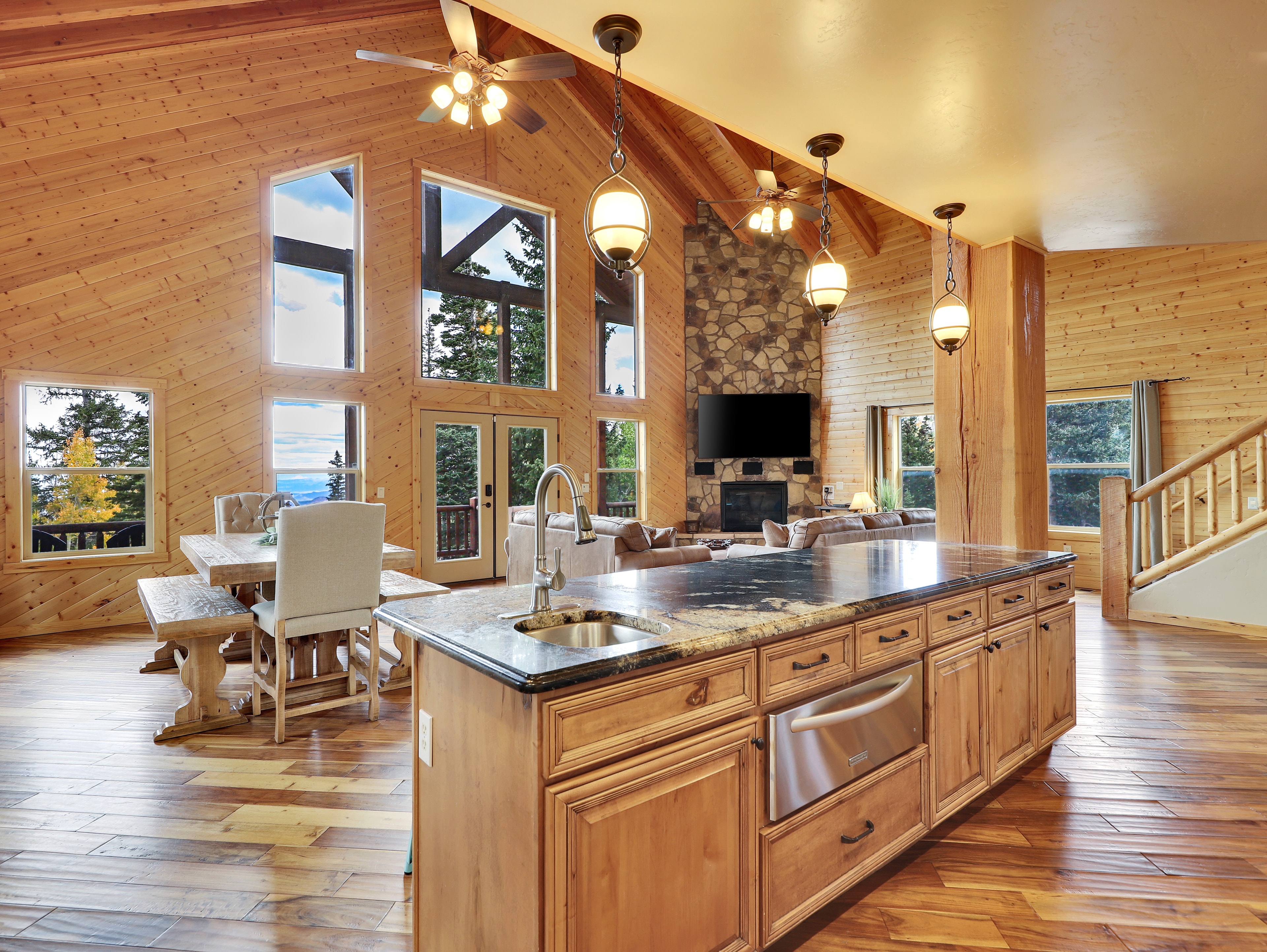 Kitchen and dining area with large island